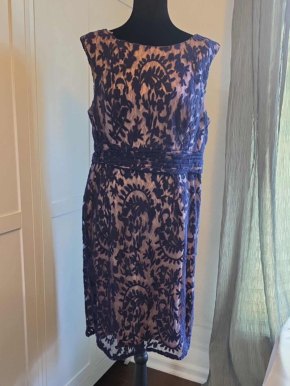Simply Liliana Navy Lace Overlay Midi Dress on Blush